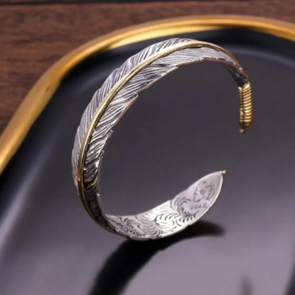 Takahashi Goro's Handmade Silver Golden Feather Cuff Bracelet Bangle